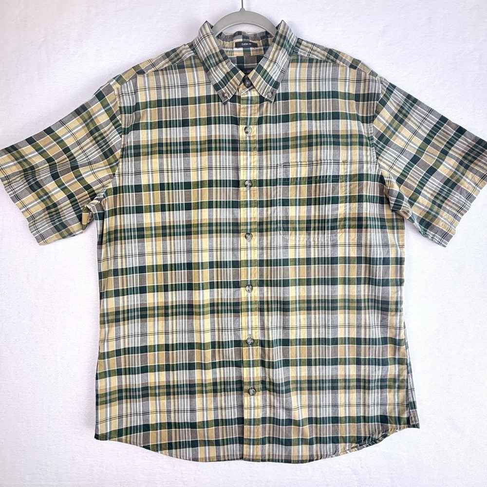 Eddie Bauer Mens XL Button Up Shirt‎ Short Sleeve Green Yellow Plaid Classic Fit